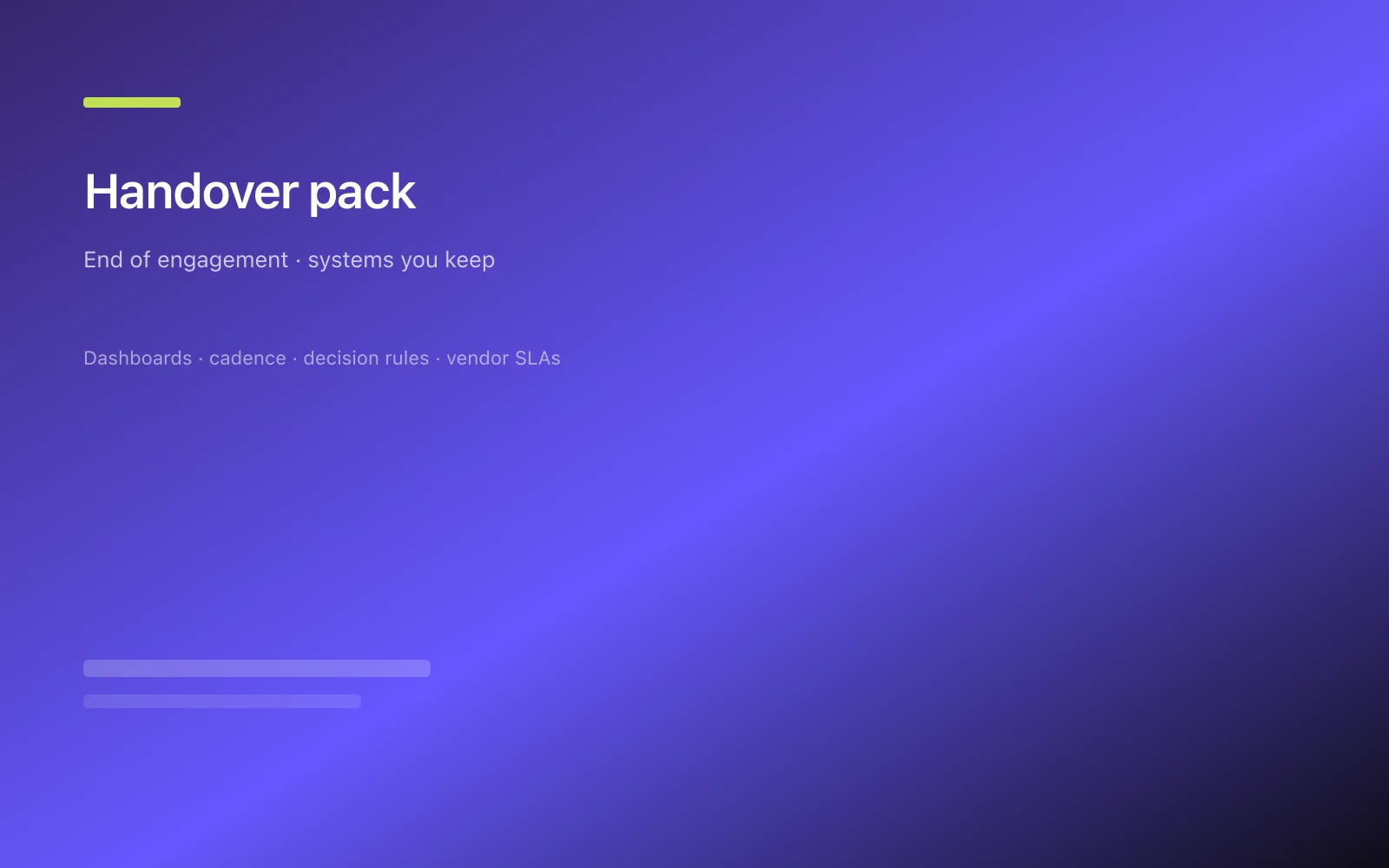 Handover pack cover slide with title and systems tagline, no client details.